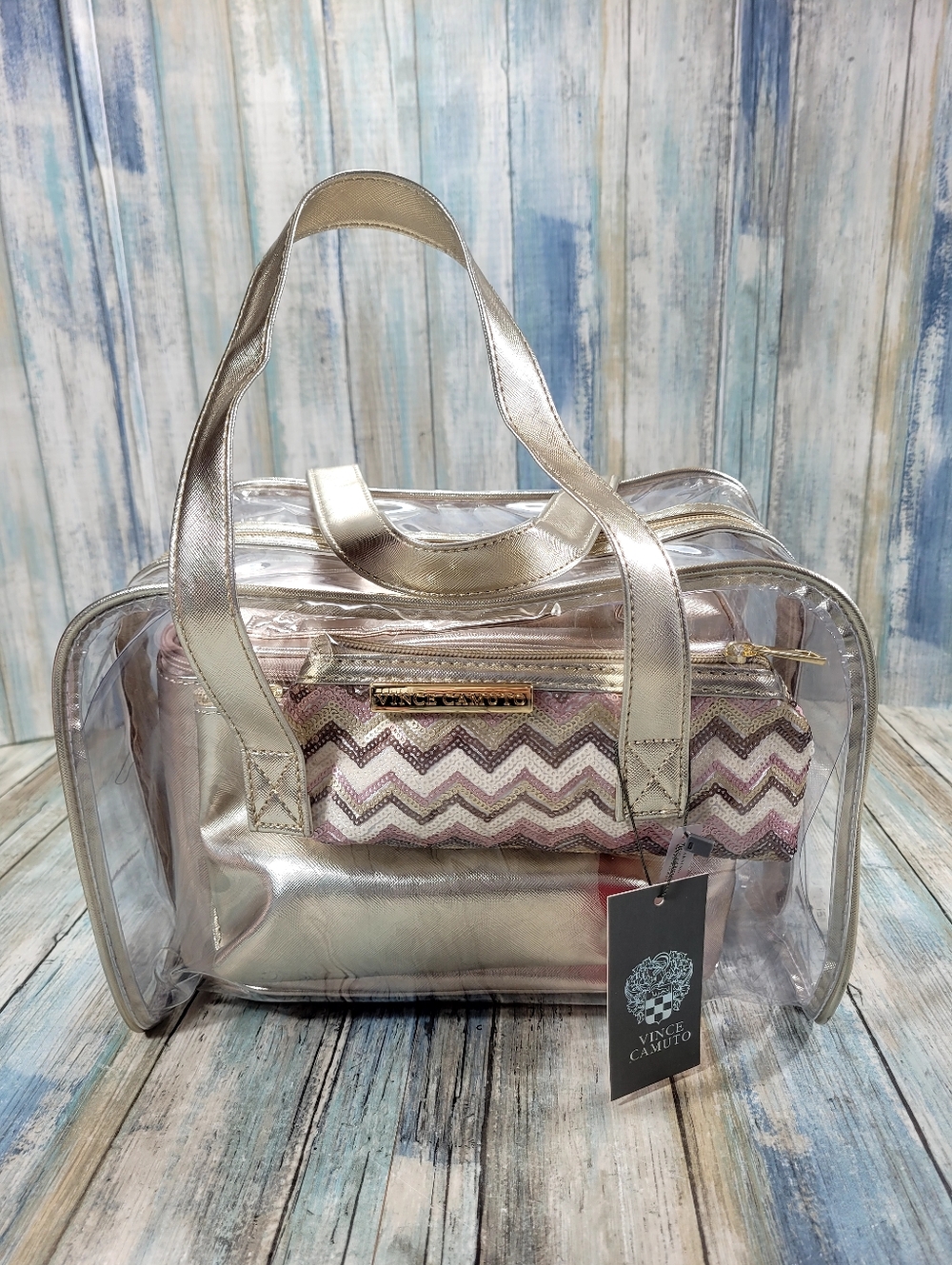 Vince Camuto Clear Tote with Metallic Silver Trim and Pink Chevron Pouch